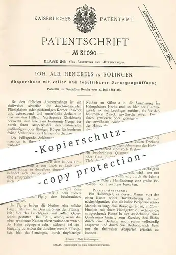 original Patent - Joh. Alb. Henckels , Solingen , 1884 , Absperrhahn | Ventil , Gas , Gashahn , Gasleitung !!