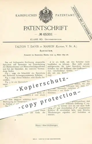 original Patent - Talton T. Davis , Marion , Kansas , USA , 1892 , Speculum | Spekulum , Medizin , Arzt , Gesundheit !