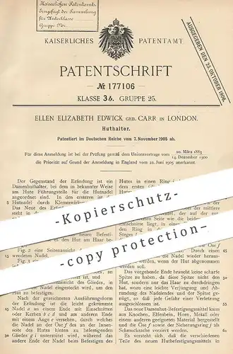 original Patent - Ellen Elizabeth Edwick geb. Carr , London England , 1905 , Huthalter | Hut , Hüte , Hutmacher , Modist
