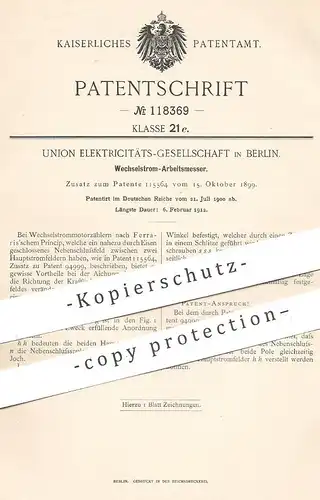 original Patent - Union Elektrizitätsgesellschaft Berlin , 1900 , Wechselstrom - Arbeitsmesser | Stromzähler | Ferraris