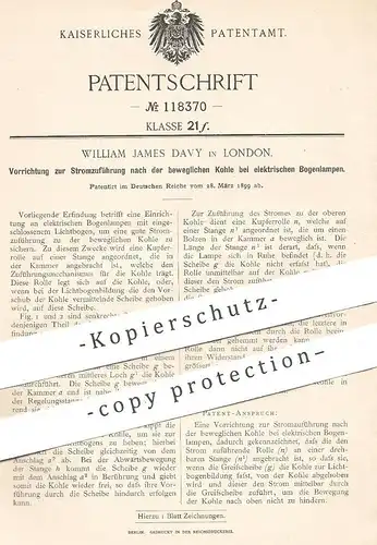 original Patent - William James Davy , London , England , 1899 , Stromzuführung nach der Kohle an elektr. Bogenlampen !