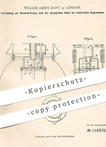 original Patent - William James Davy , London , England , 1899 , Stromzuführung nach der Kohle an elektr. Bogenlampen !