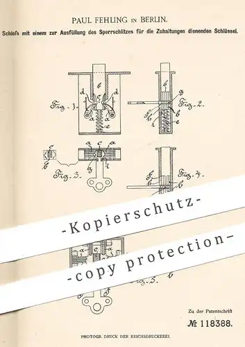 original Patent - Paul Fehling , Berlin , 1900 , Schloss mit Schlüssel | Türschloss , Schlosser , Schlosserei !!!