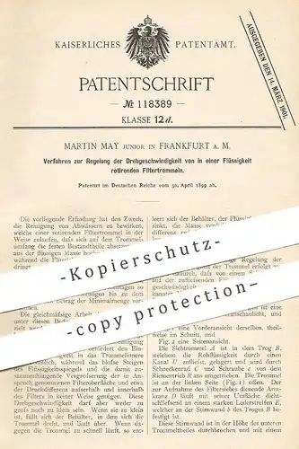 original Patent - Martin May , Frankfurt / Main , 1899 , Drehgeschwindigkeit in Filtertrommel mit Flüssigkeit | Rotation