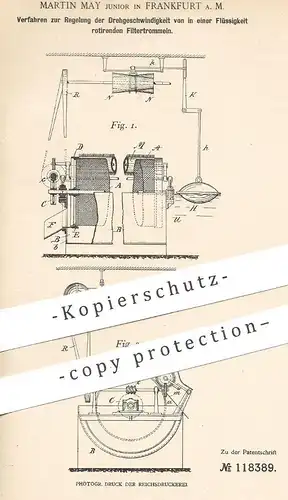 original Patent - Martin May , Frankfurt / Main , 1899 , Drehgeschwindigkeit in Filtertrommel mit Flüssigkeit | Rotation