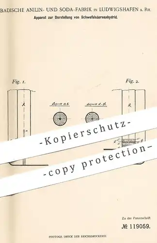 original Patent - Badische Anilin- & Soda-Fabrik , Ludwigshafen a. Rh. , 1898 , Darstellung von Schwefelsäureanhydrid !