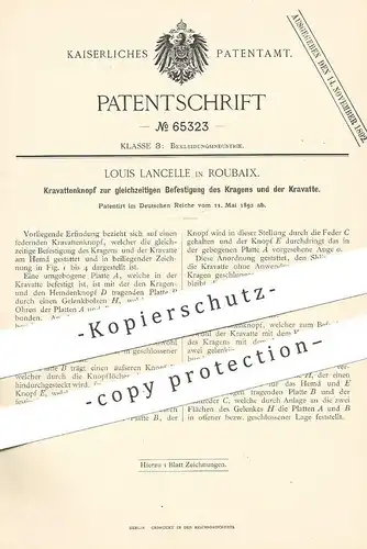 original Patent - Louis Lancelle , Roubaix , Frankreich , 1892 , Kravattenknopf | Knopf , Knöpfe , Schneider , Kravatte