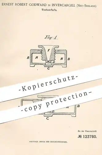 original Patent - Ernest Robert Godward , Invercargill , Neuseeland , 1899 , Tintenfass | Fass für Tinte | Fässchen