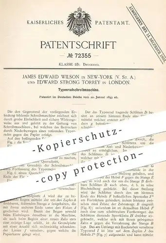 original Patent - James Edward Wilson , New York , USA | Edward Strong Torrey , London , 1893 , Typenradschreibmaschine