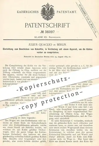 original Patent - Julius Quaglio , Berlin , 1885 , Beschicken von Koksofen | Ofen , Öfen , Feuerung | Koks , Kohle !!!