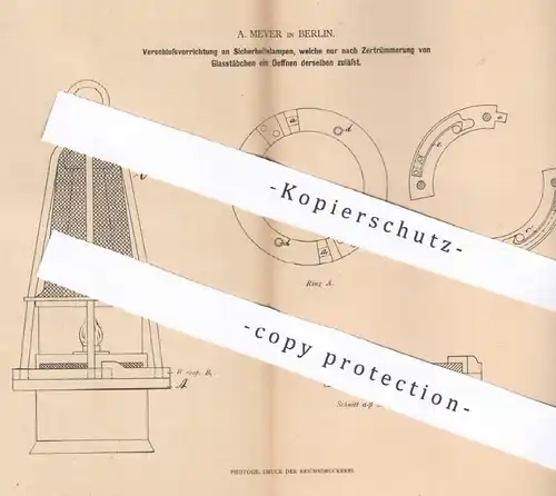 original Patent - A. Meyer , Berlin , 1880 , Verschluss an Sicherheitslampe | Öllampe , Laterne | Petroleum | Davy !!!