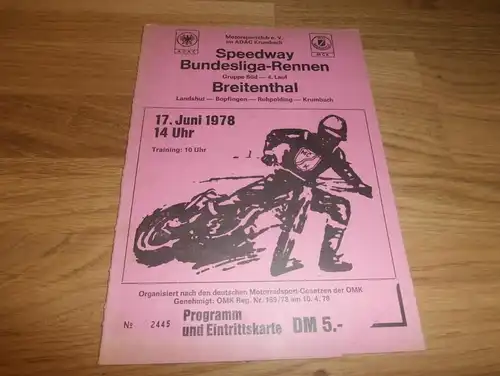 Speedway Breitenthal b. Krumbach 17.06.1978 , Bopfingen , Landshut  Programmheft / Programm / Rennprogramm , program !!!