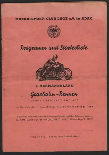 Grasbahnrennen Mühlenbrink b. Lage-Lippe 1955 , Motorradrennen , Programmheft / Programm / Rennprogramm !!!