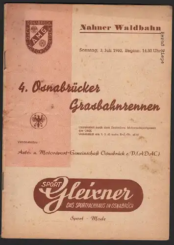 Grasbahnrennen Osnabrück 3.07.1960 , Speedway , Programmheft / Programm / Rennprogramm !!!