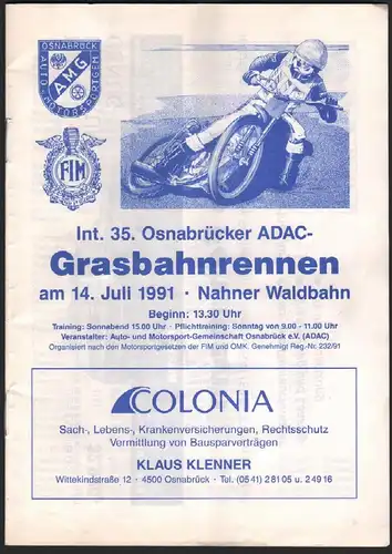 Grasbahnrennen Osnabrück 14.07.1991 , Speedway , Programmheft / Programm / Rennprogramm !!!