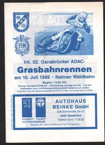 Grasbahnrennen Osnabrück 10.07.1988 , Speedway , Programmheft / Programm / Rennprogramm !!!