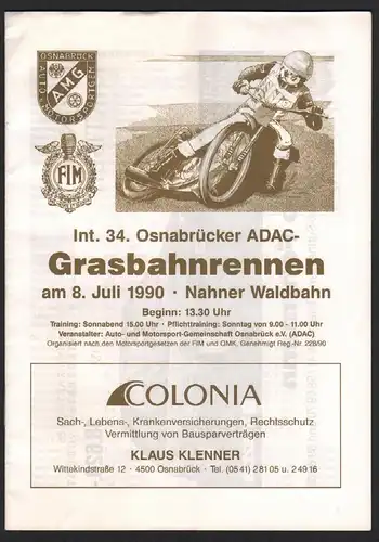 Grasbahnrennen Osnabrück 8.07.1990 , Speedway , Programmheft / Programm / Rennprogramm !!!