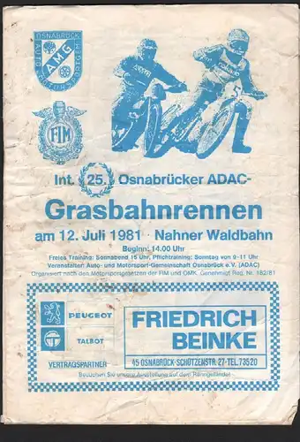 Grasbahnrennen Osnabrück 12.07.1981 , Speedway , Programmheft / Programm / Rennprogramm !!!