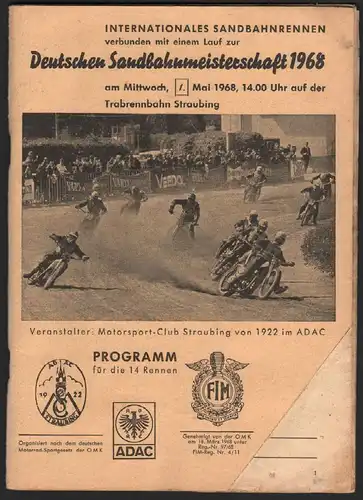 Sandbahnrennen Straubing 1968 , Speedway , Programmheft / Programm / Rennprogramm !!!