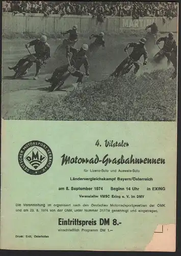 Grasbahnrennen Vilstal 1974 , Exing , Speedway , Programmheft / Programm / Rennprogramm !!!