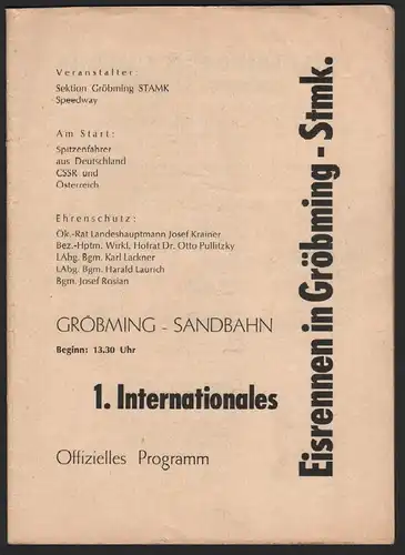 1. Eisrennen Gröbming  , ca. 1965 , Eisspeedway , Sandbahn , Speedway , Programmheft / Programm / Rennprogramm !!!