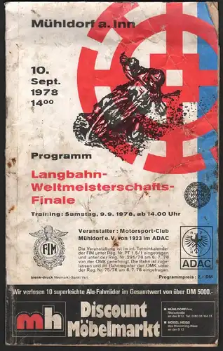 Langbahn WM-Finale in Mühldorf a. Inn 1978  , Speedway , Programmheft / Programm / Rennprogramm !!!