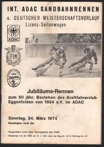 Sandbahnrennen Eggenfelden 24.03.1974 , Speedway , Programmheft / Programm / Rennprogramm !!!