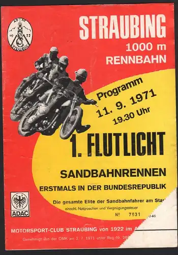 Sandbahnrennen Straubing 11.09.1971 , Flutlicht , Speedway , Programmheft / Programm / Rennprogramm !!!