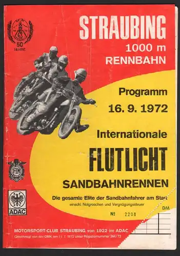 Sandbahnrennen Straubing 16.9.1972 , Speedway , Programmheft / Programm / Rennprogramm !!!