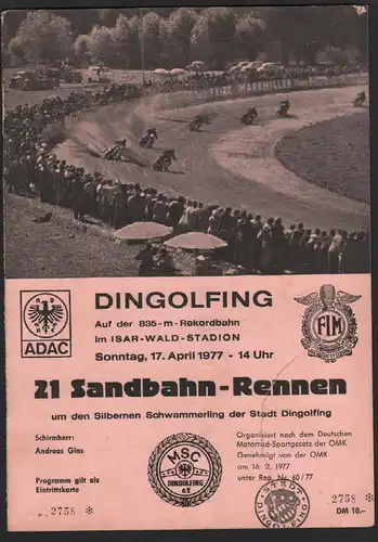 Sandbahnrennen Dingolfing 1977 , Speedway , Programmheft / Programm / Rennprogramm !!!