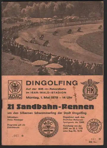 Sandbahnrennen Dingolfing 1978 , Speedway , Programmheft / Programm / Rennprogramm !!!