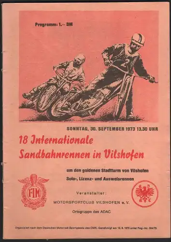 Sandbahnrennen Vilshofen 1973, Speedway , Programmheft / Programm / Rennprogramm !!!