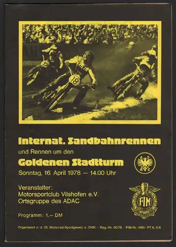 Sandbahnrennen Vilshofen 1978 , Speedway , Programmheft / Programm / Rennprogramm !!!