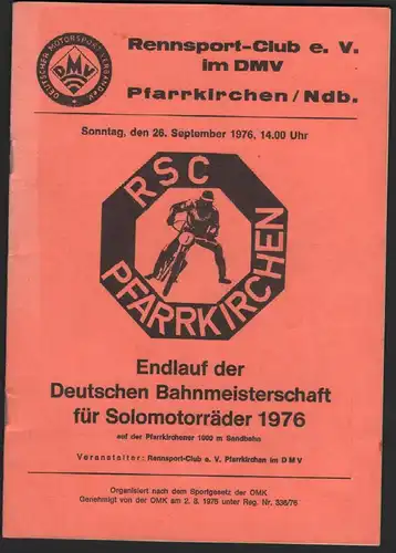 Sandbahnrennen Pfarrkirchen 1976 , Speedway , Programmheft / Programm / Rennprogramm !!!