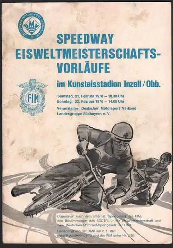 Speedway - Eisweltmeisterschaft 1970 in Inzell , Eisspeedway , Programmheft / Programm  !!!