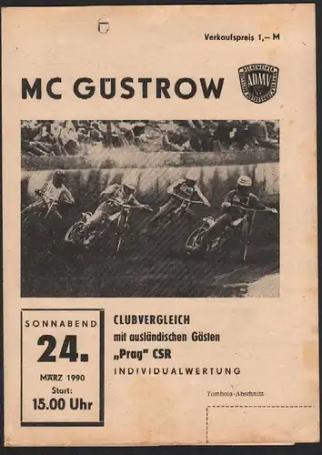 Speedway Güstrow 24.03.1990 Programmheft , ADMV , Programm , Rennprogramm