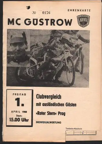 Speedway Güstrow 1.04.1988 , Prag , Programmheft , Programm , Rennprogramm !!!