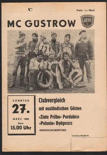 Speedway Güstrow 27.03.1988 , Pardubice Programmheft , Programm , Rennprogramm