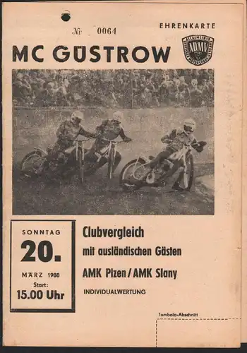 Speedway Güstrow 20.03.1988 , Plzen Slany Programmheft , Programm , Rennprogramm