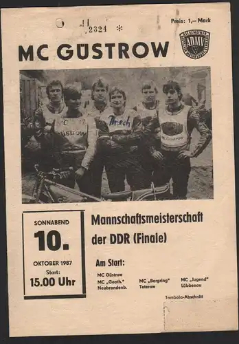 Speedway Güstrow 10.10.1987 , DDR Finale Programmheft , Programm , Rennprogramm