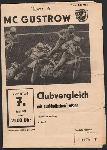 Speedway Güstrow 07.06.1987 Clubvergleich Programmheft , Programm , Rennprogramm