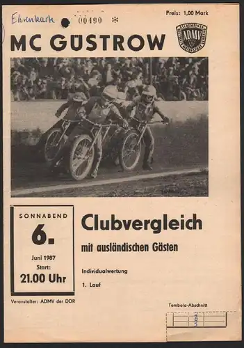 Speedway Güstrow 06.06.1987 Clubvergleich Programmheft , Programm , Rennprogramm