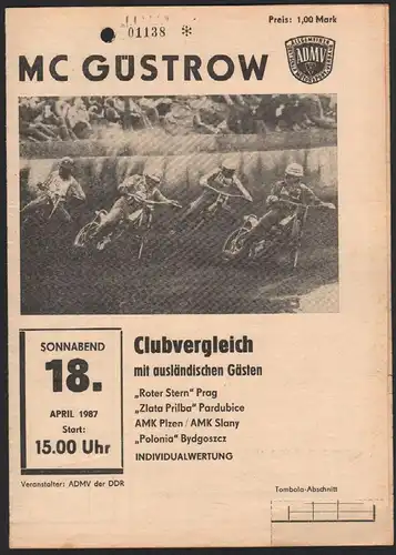 Speedway Güstrow 18.04.1987 Pardubice Prag Programmheft Programm Rennprogramm