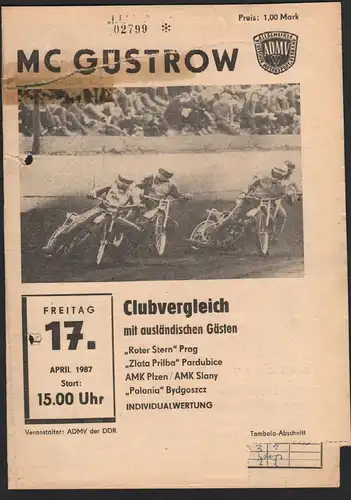 Speedway Güstrow 17.04.1987 Plzen Slany Programmheft Programm Rennprogramm