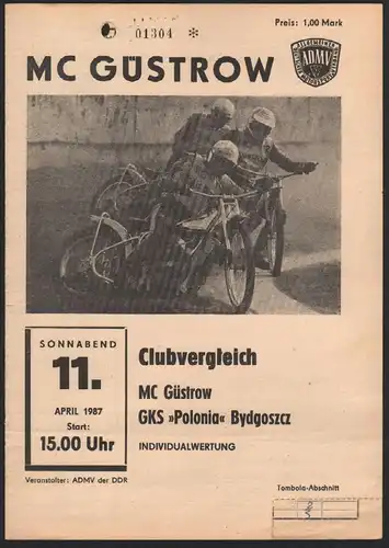 Speedway Güstrow 11.04.1987 Bydgoszcz Programmheft Programm Rennprogramm