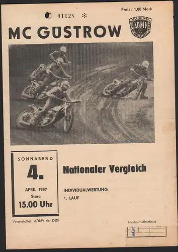 Speedway Güstrow 4.04.1987 Teterow Lulu NB Programmheft Programm Rennprogramm