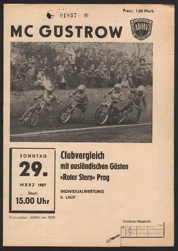 Speedway Güstrow 29.03.1987 Roter Stern Prag Programmheft Programm Rennprogramm