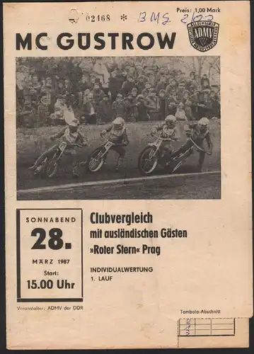 Speedway Güstrow 28.03.1987 Roter Stern Prag Programmheft Programm Rennprogramm