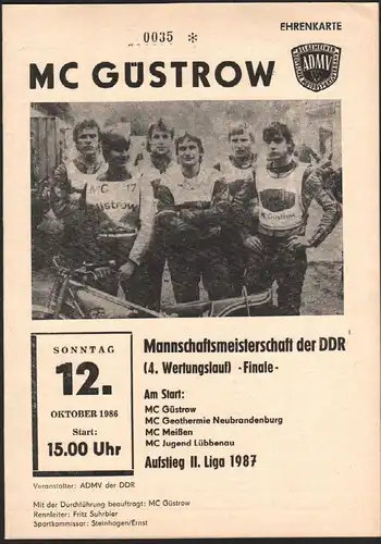 Speedway Güstrow 12.10.1986 DDR Finale Programmheft Programm Rennprogramm