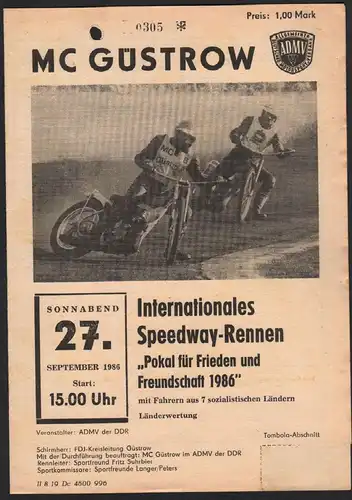 Speedway Güstrow 27.09.1986 , 7 Nationen Programmheft Programm Rennprogramm